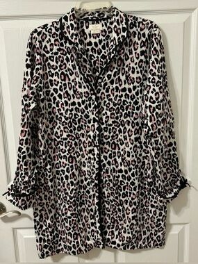 kate spade White, Black & Pink Leopard Print Button-Up Top Sz. M/L.
